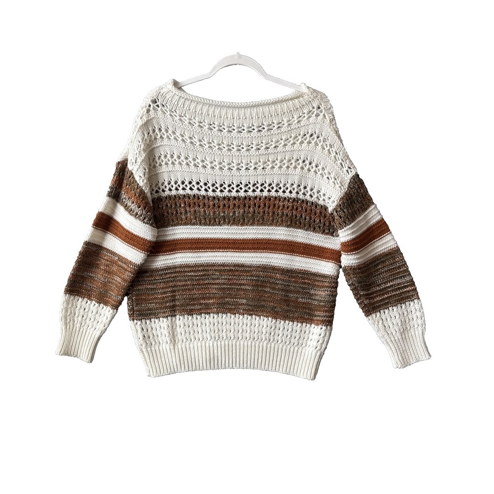 Boho Open Knit Striped Sweater XS Pointelle Crochet Oversized Cottagecore Fall